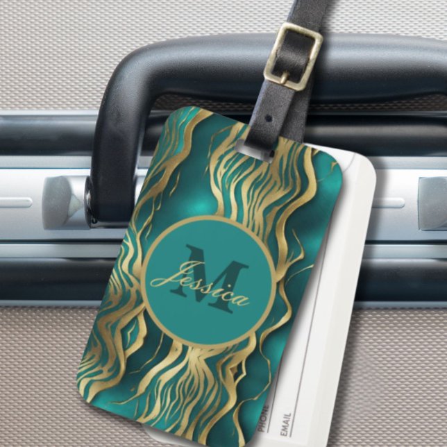 Elegant Marble Beige Turcos Blue Teal Monogram Bagagebricka (Elegant Marble Beige Turquoise Blue Teal Monogram Luggage Tag)
