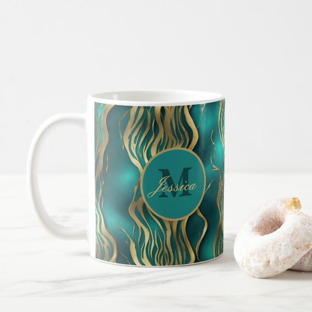 Elegant Marble Beige Turcos Blue Teal Monogram Kaffemugg (Med munk)