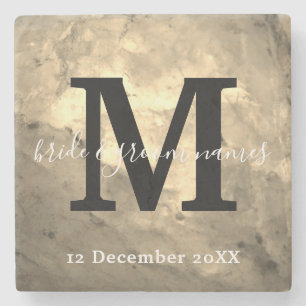 Elegant Marble Black and White Monogram Bröllop Stenunderlägg