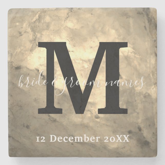 Elegant Marble Black and White Monogram Bröllop Stenunderlägg (Framsidan)