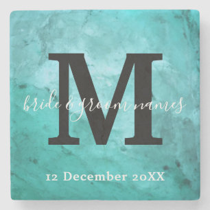 Elegant Marble Black and White Monogram Bröllop Stenunderlägg