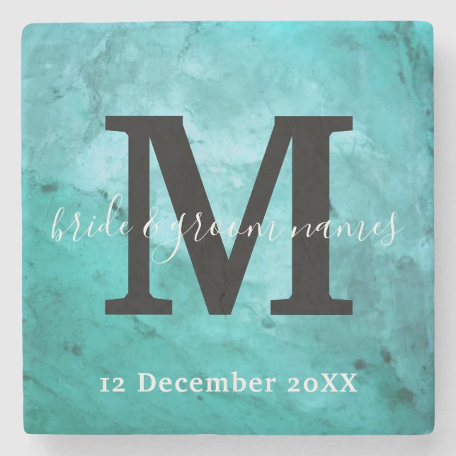 Elegant Marble Black and White Monogram Bröllop Stenunderlägg (Framsidan)