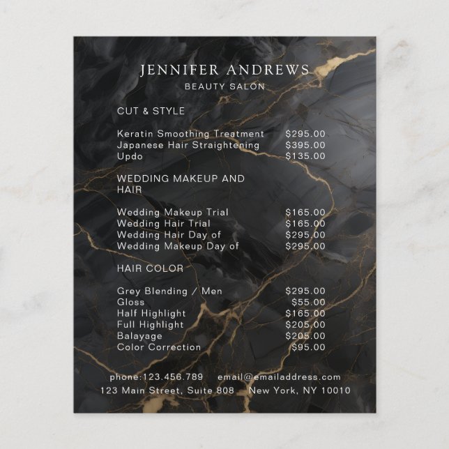 Elegant Marble Black-Gold Salon Pricelist Flygblad (Framsidan)