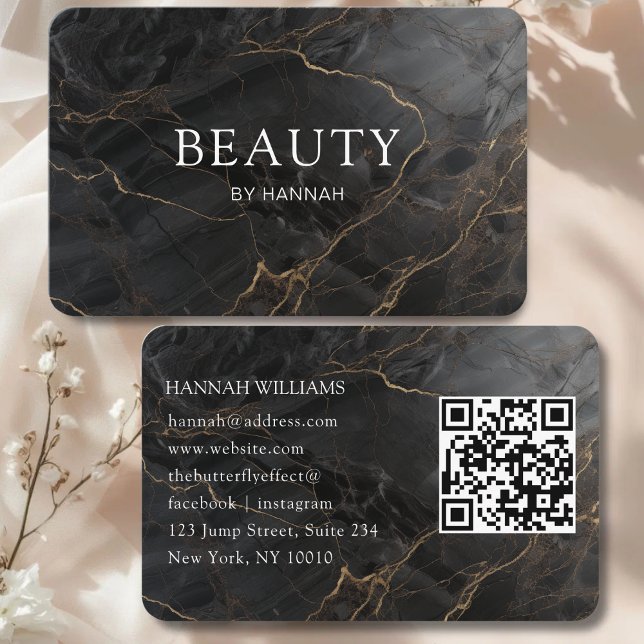Elegant Marble Black-Gold Salon QR Code Visitkort (Elegant Marble Black-Gold Salon QR Code Business Card)