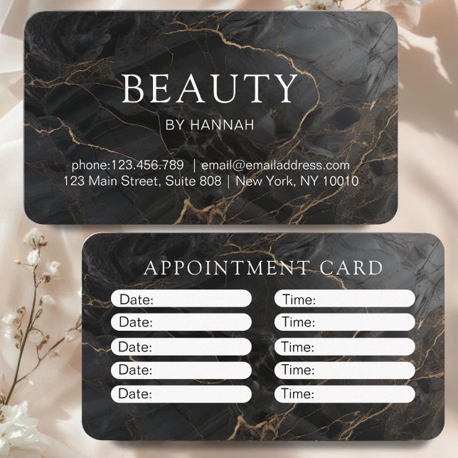 Elegant Marble Black-Gold Salon Tidsbeställning Kort (Elegant Marble Black-Gold Salon Appointment Card)