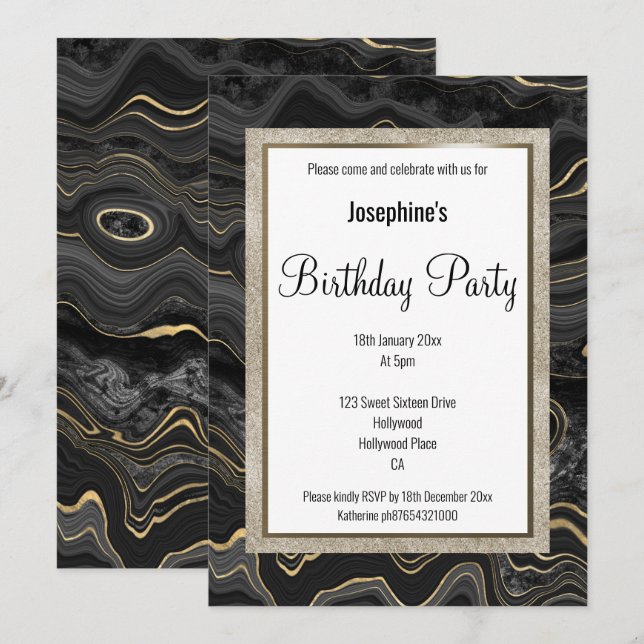 ELEGANT MARBLE BLACK GULD MÖNSTER BIRTHDAY INBJUDNINGAR (Fram/baksida)