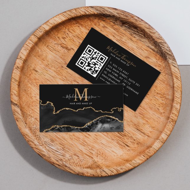 Elegant Marble Black Guld Photo QR Code Monogram Visitkort (Skapare uppladdad)