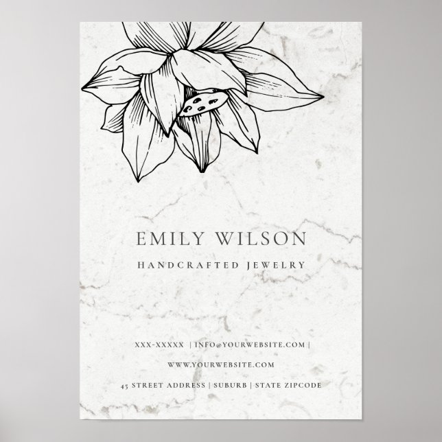 Elegant Marble Black White Lotus Simple Business Poster (Framsidan)