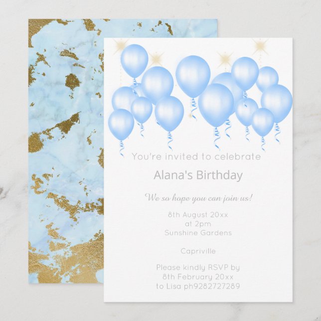 ELEGANT MARBLE BLUE BALLOON BIRTHDAY INBJUDNINGAR (Fram/baksida)