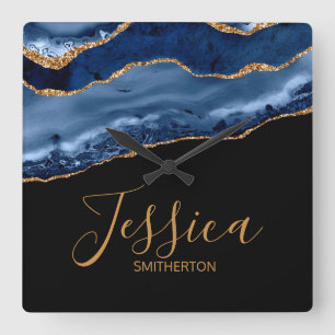 Elegant marble Blue Guld marble Agate Namn Fyrkantig Klocka