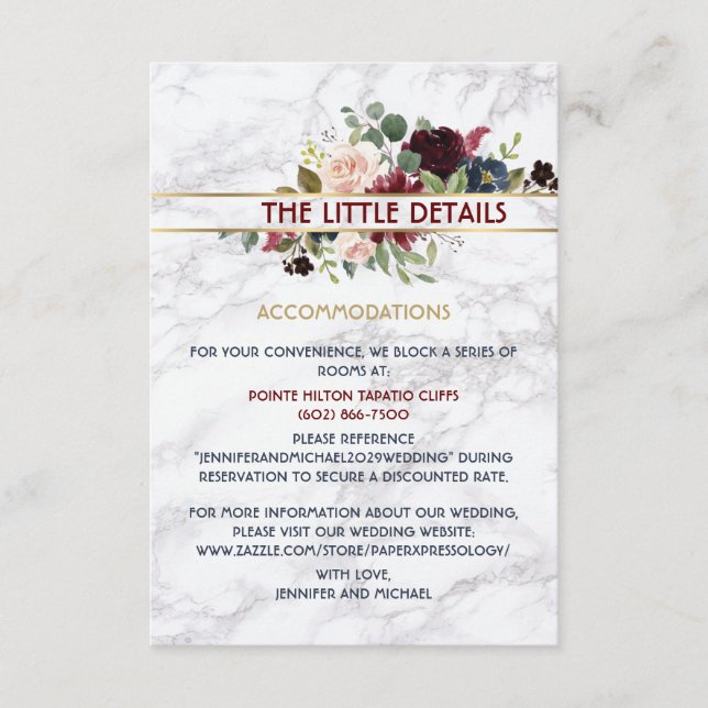 Elegant Marble Burgundy Guld Blommigt Bouquet Tilläggskort (Framsida)