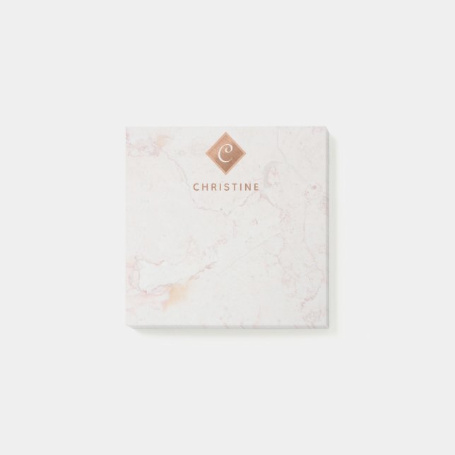 Elegant Marble Copper Monogram Brown Namn White Post-it Block (Framsida)