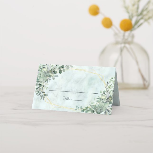 Elegant Marble Eucalyptus Greenery Guld Bröllop Placeringskort (Framsida)