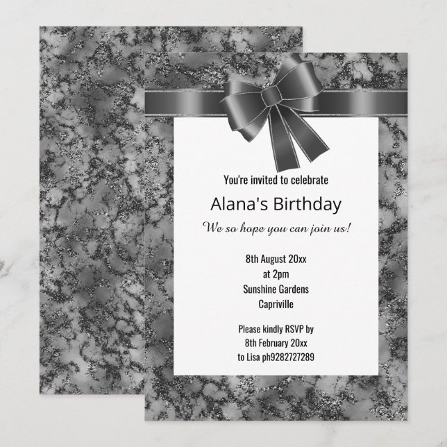 ELEGANT MARBLE GLITTER BLACK BOW WHITE INBJUDNINGAR (Fram/baksida)
