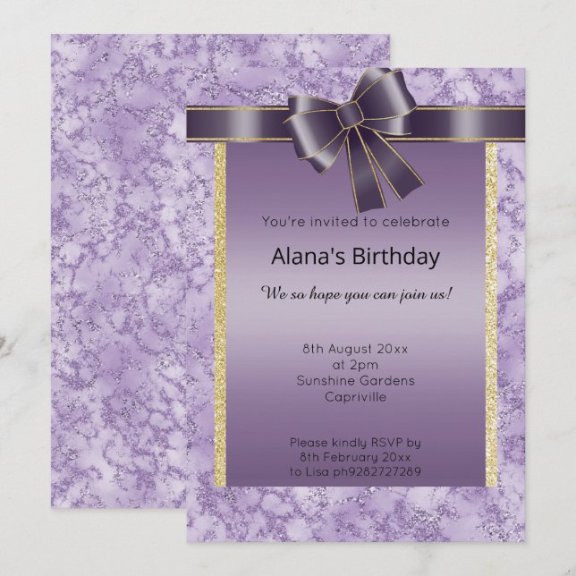 ELEGANT MARBLE GLITTER GULD LILA BOW INBJUDNINGAR (Fram/baksida)