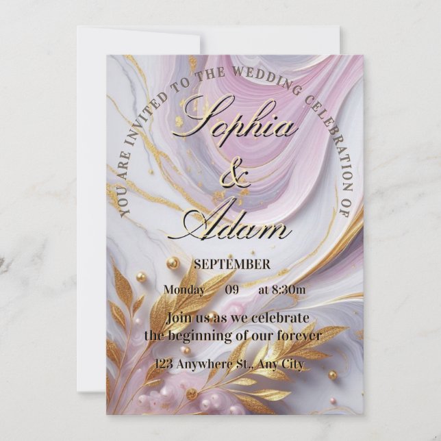 Elegant Marble & Gold Wedding Invitation Spara Datumet (Framsida)