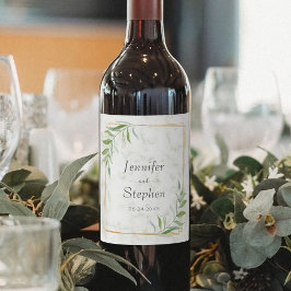 Elegant Marble Greenery Guld Geometric Bröllop Vinflaska Etikett