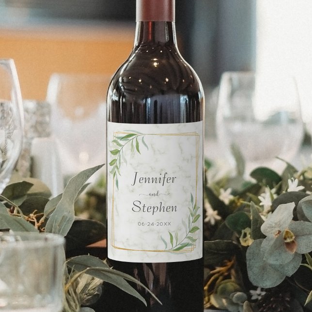 Elegant Marble Greenery Guld Geometric Bröllop Vinflaska Etikett (Skapare uppladdad)