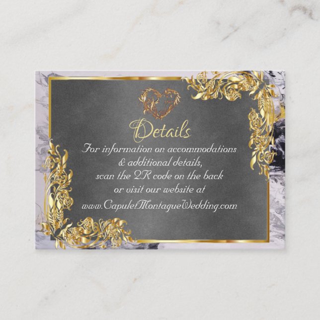 Elegant Marble, Grey, Gold Frame, Gold Heart Tilläggskort (Framsida)