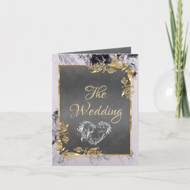 Elegant Marble, Grey, Gold Frame, Silver Heart Meddelande (Framsida)