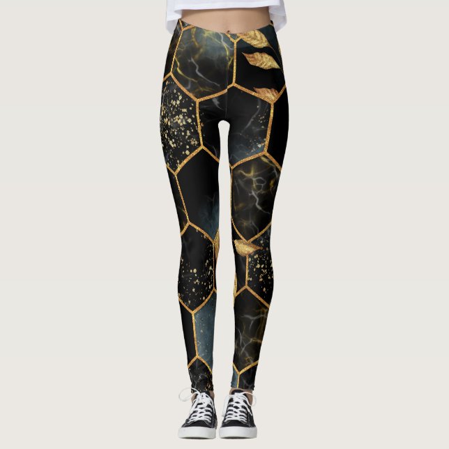 Elegant Marble & Guld: Abstrakt Hexagon Struktur Leggings (Framsida)
