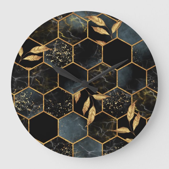 Elegant Marble & Guld: Abstrakt Hexagon Struktur Stor Klocka (Framsida)