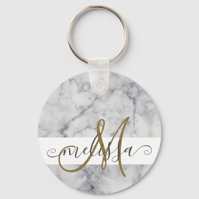 Elegant Marble Guld Monogram Script Namn Nyckelring (Framsida)