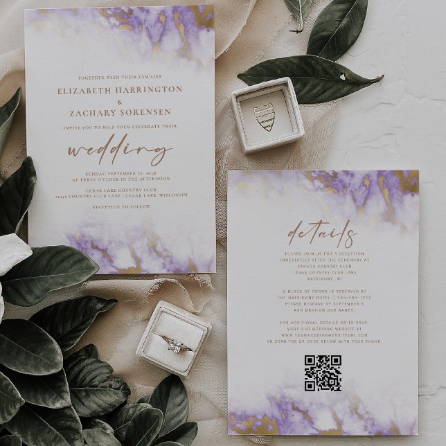 Elegant Marble Lavender Guld QR-koden Bröllop Inbjudningar (Skapare uppladdad)