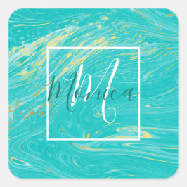 Elegant Marble Luxury Blue guld monogram design Fyrkantigt Klistermärke