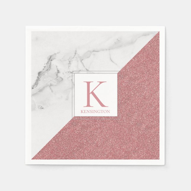 Elegant Marble  Rosa Glitter Monogram Pappersservett (Framsidan)