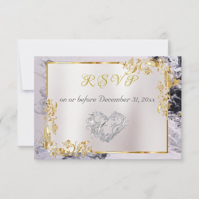 Elegant Marble, White, Gold Frame, Silver Heart  OSA Kort (Framsida)