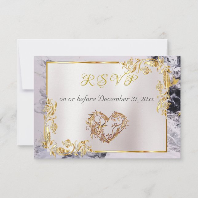 Elegant Marble, White, Gold Frame, Silver Heart OSA Kort (Framsida)