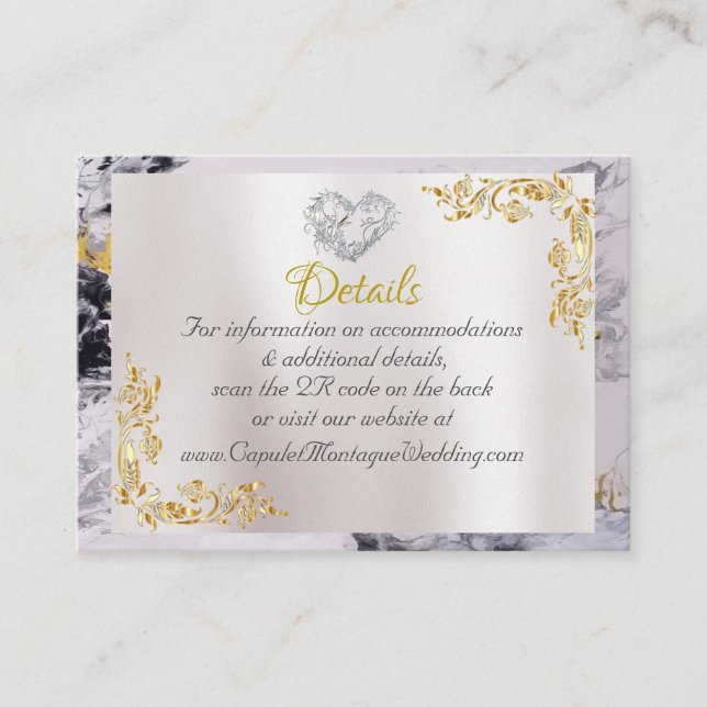 Elegant Marble, White, Gold Frame, Silver Heart Tilläggskort (Framsida)
