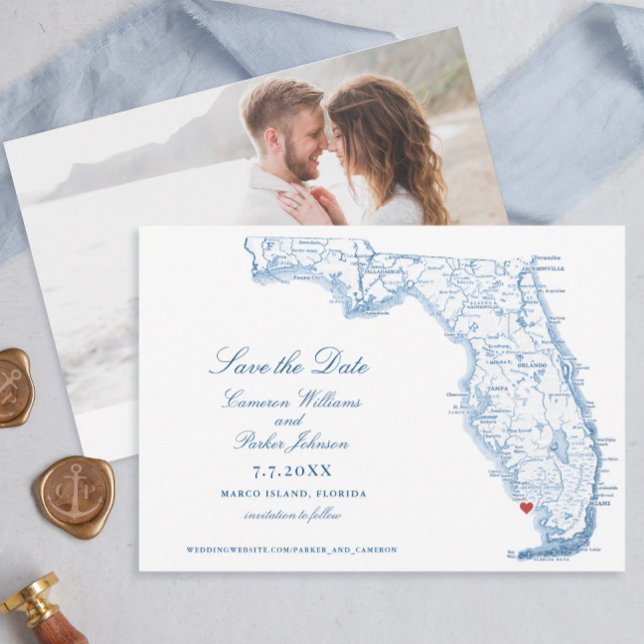 Elegant Marco Island Florida Bröllop flottan Karta Spara Datumet (Elegant Marco Island Florida Wedding sace the dates with navy blue map from Coastal Map Designs)