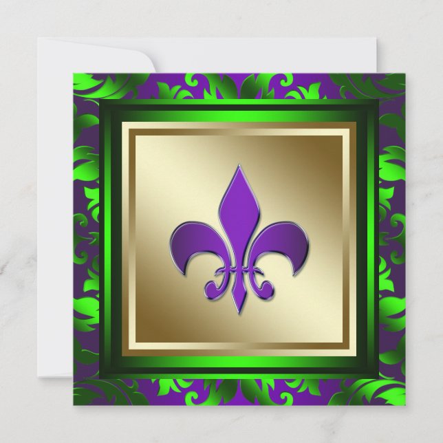 Elegant Mardi Gras Fleur de Lis Bröllop Inbjudningar (Framsida)