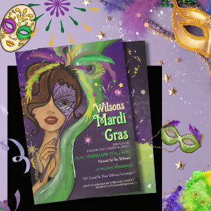 Elegant Mardi Gras-maskarerad Handritad Porträtt Inbjudningar