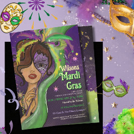 Elegant Mardi Gras Masquerade Hand-drawn Portrait Inbjudningar