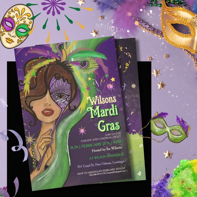 Elegant Mardi Gras Masquerade Hand-drawn Portrait Inbjudningar (Elegant Mardi Gras Masquerade Hand-drawn Portrait Invitation (2))