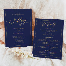Elegant marin blå guld alla i ett skript bröllop inbjudningar