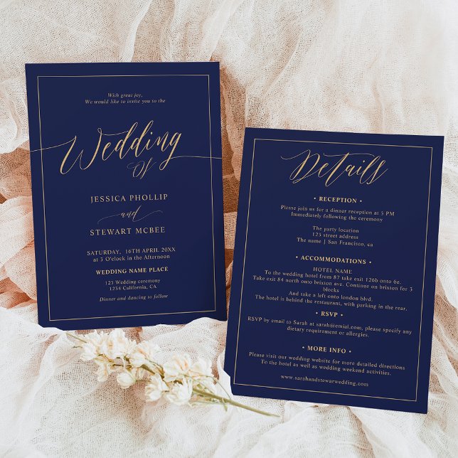 Elegant marin blå guld alla i ett skript bröllop inbjudningar (Elegant navy blue gold all in one script wedding invitation)