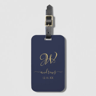 Elegant marin blå guld monogrammat Luggage Tag Bagagebricka