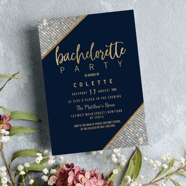 Elegant marin blå guld silver glitter Bachelorette Inbjudningar (Elegant navy blue gold silver glitter Bachelorette Invitation)
