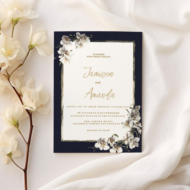 Elegant marin blå guld-vit orkidé blommigt Bröllop Inbjudningar (Elegant navy blue gold white orchid floral Wedding )