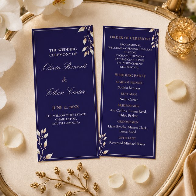 Elegant marin guld botanisk vigselceremoni program (Skapare uppladdad)