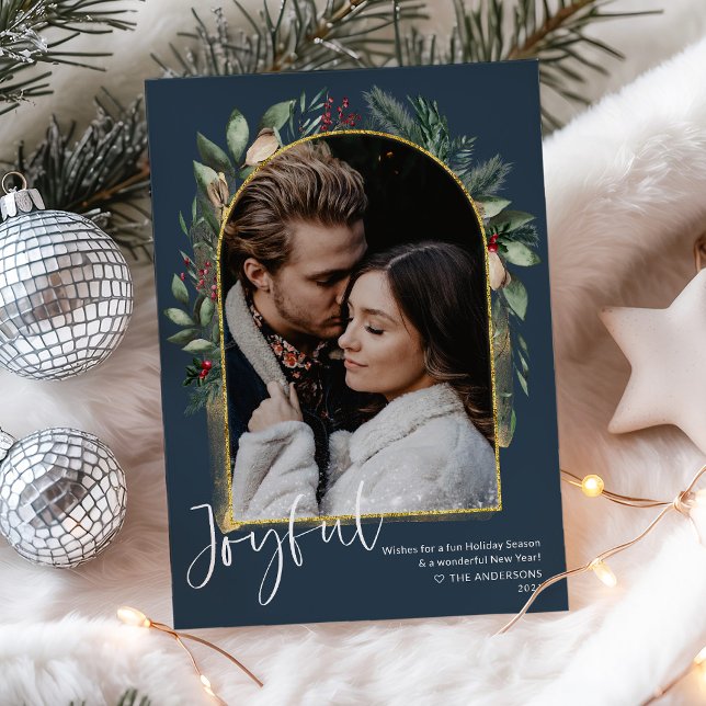 Elegant marin guld grönska valv foto julkort (Skapare uppladdad)