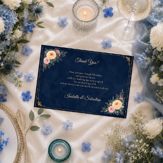 Elegant Marin Hörnfest Blommig Bröllop Tack Kort