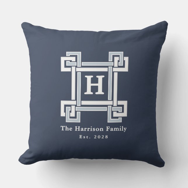 Elegant marin kustnära grekisk nyckelmonogram kudde (Framsida)