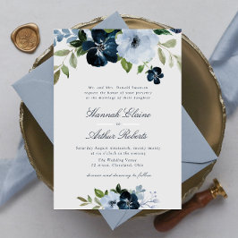 elegant marin och ljusblå blommigt bröllop inbjudningar