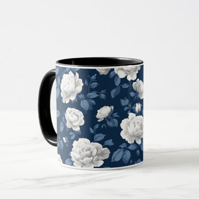 Elegant marin ros vit blommönster mugg (Framsida vänster)