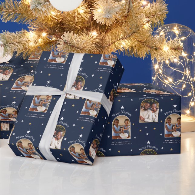 Elegant marinblå 2-foto-båge modern jul presentpapper (Helgdagar)